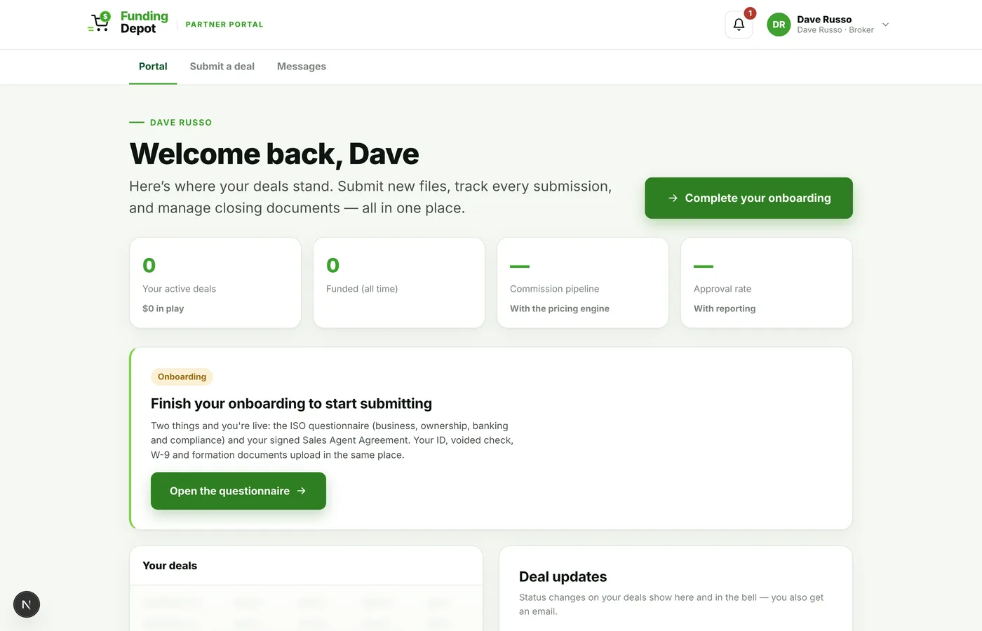 Partner portal — brokers submit deals, watch status, and onboard themselves.