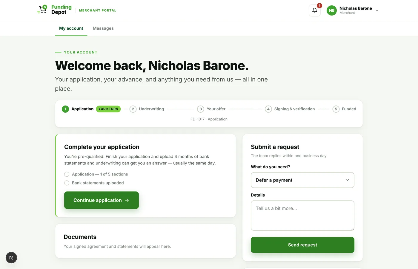 Merchant portal — where the application, the documents, the offer and the signed agreement live.